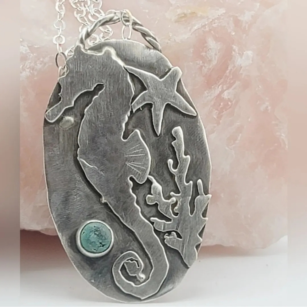 SEA HORSE TURQUOISE PENDANT HANDMADE IN STERLING SILVER METAL ABOUT 2"